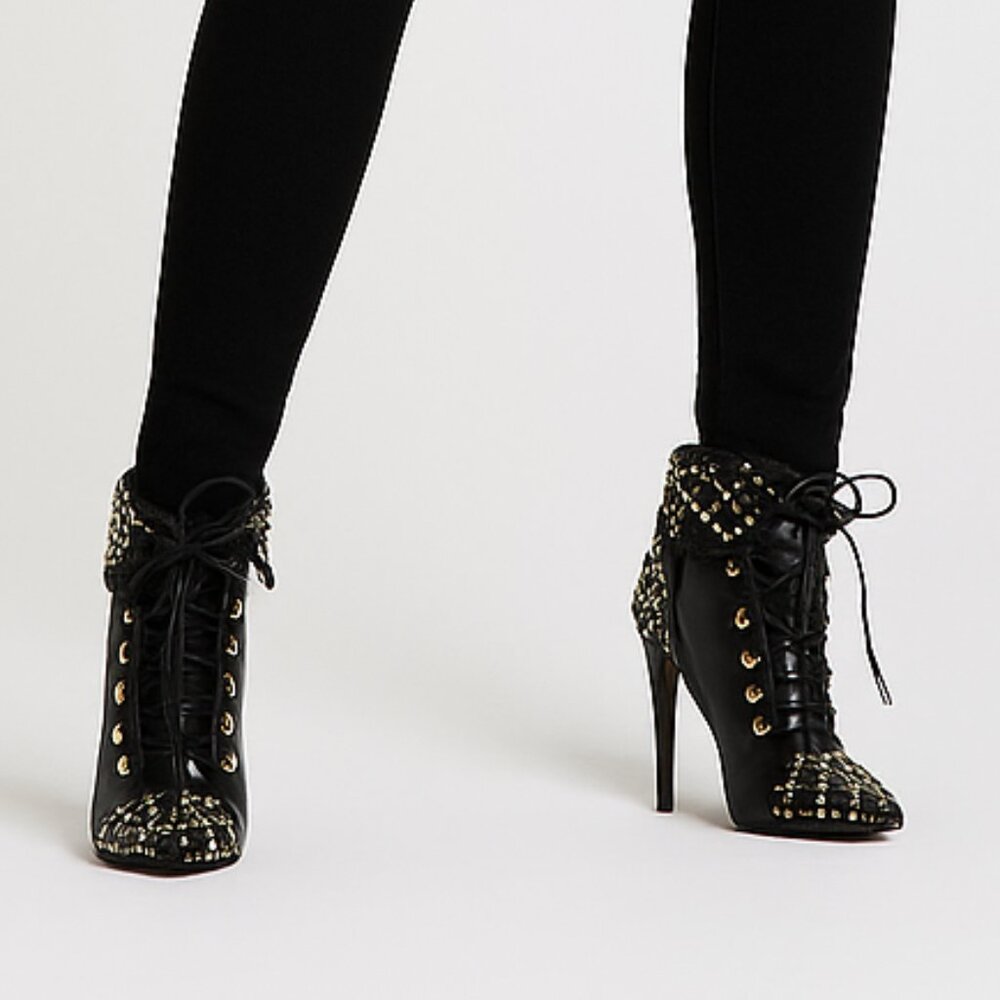Della Lace-Up Studded Pointy Toe Leather Bootie Punk Party Emo Gift Fall Spring